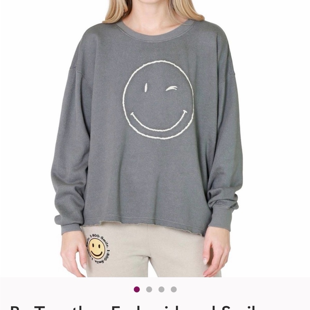 By Together Embroidered Smiley Face Crewneck Sweatshirt